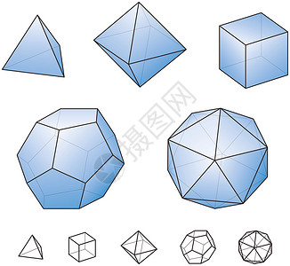 开普勒柏拉图立体欧几里得几何中的规则凸多面体四面体六面体八面体十二面体和二十面体使用透明胶片和渐变在白色插画