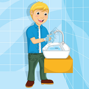 一个小男孩洗手的矢量插图图片