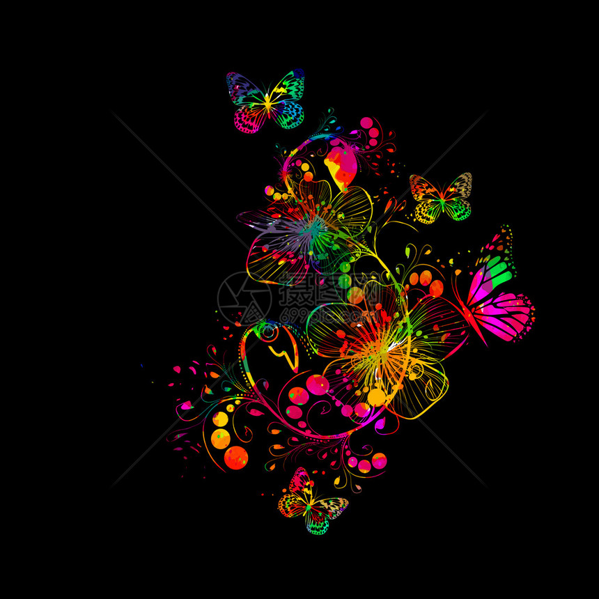彩虹水彩花卉抽象与蝴蝶向量图片