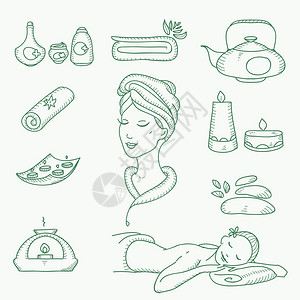 水疗中心的涂鸦手绘草图图标设置与毛巾香味蜡烛保健spa和矢量图图片