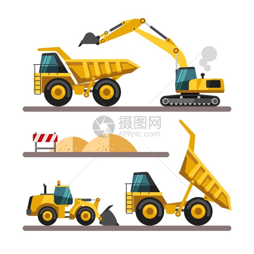 一套建筑机器建筑设备和机械挖掘机卡车装载机平面样图片