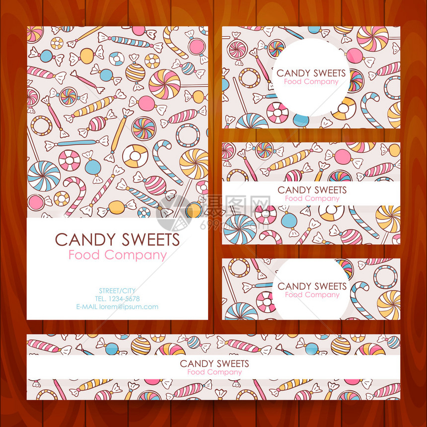 矢量糖果食品公司业务集模板与手绘糖果木质上甜点餐厅和咖啡厅促销品牌标图片