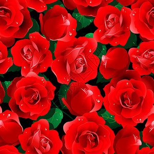 红玫瑰无缝图案与绿叶背景图片