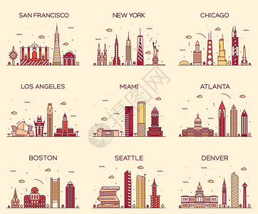 美国的城市天际线时尚插画线图片