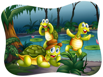 住在池塘边的三只乌龟插画图片