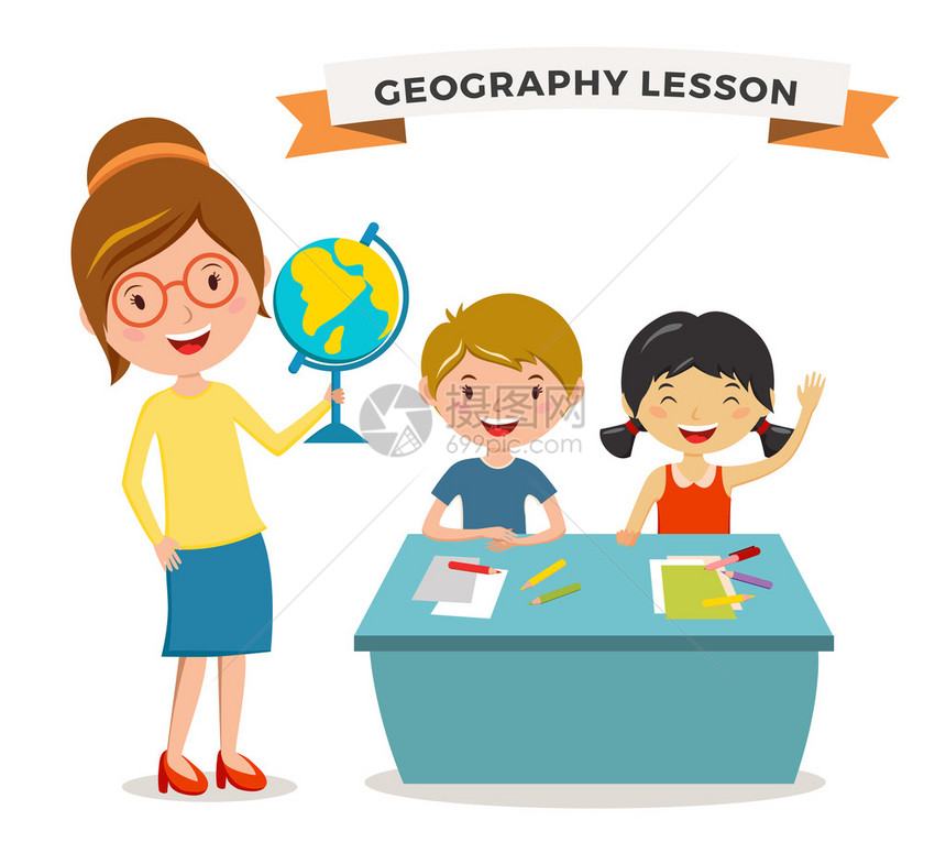 孩子们学校地理课插图地理老师和孩子们在教室里孩子们坐在桌子上儿童学校矢量男孩图片