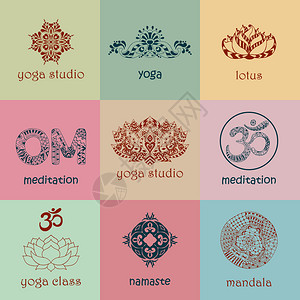 拉差纳达拉姆瑜伽和冥想图形和标志符号集瑜伽工作室瑜伽网站瑜伽杂志出版印刷或演示的标志模板或设计大纲样式中的图形设计元素插画