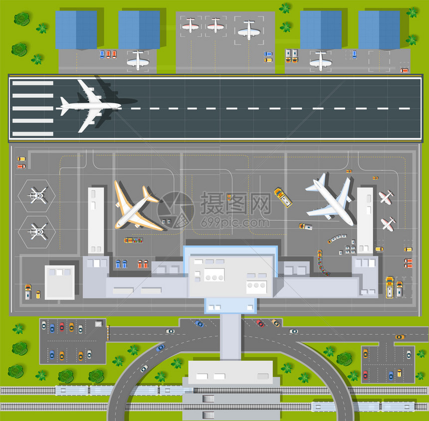 有所建筑物飞机车辆和机场跑道的图片