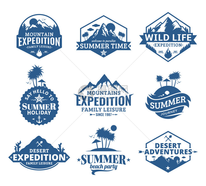 一整套矢量夏天山和户外探险徽标图片