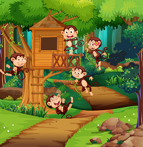 猴子在树屋里玩耍插图背景图片