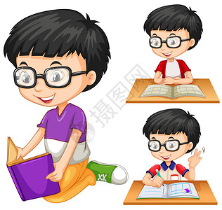戴眼镜的男孩看书插画图片