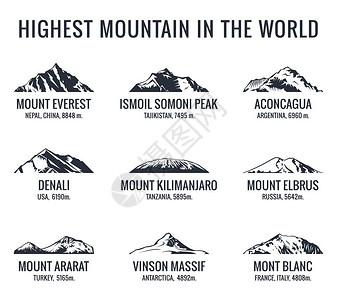 山旅游矢量图标集在户外冒险世界最高的山脉的图标图片