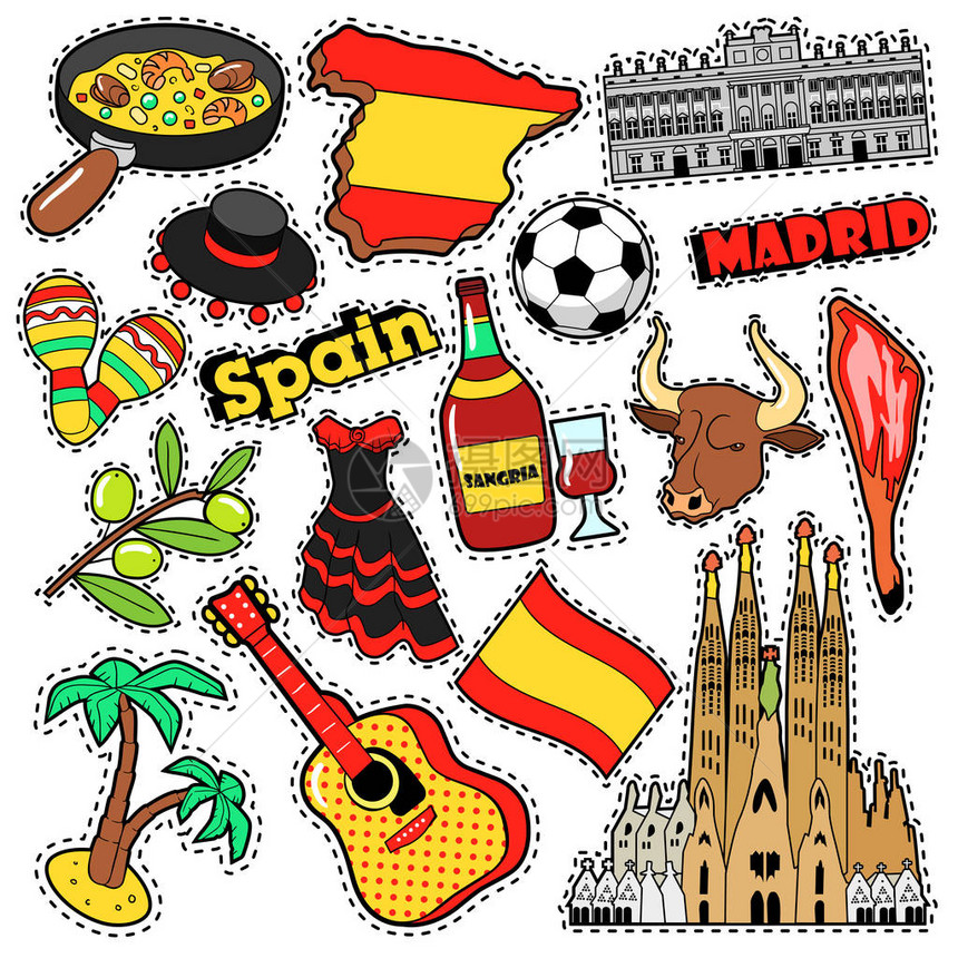 西班牙旅行剪贴簿修补程序打印与Jamon桑格利亚汽酒和西班牙元素徽章漫画的风格矢量涂鸦图片
