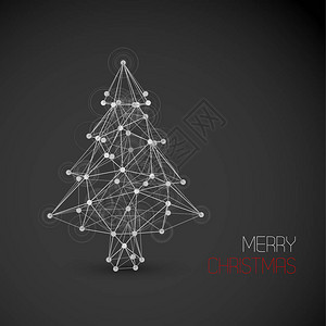 用线条和点制成的带有抽象圣诞树的矢量卡低聚项艺术图片