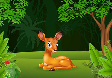 人居坐在丛林中的卡通鹿插画