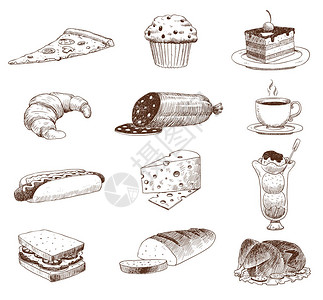 矢量手绘制食品草图和厨房涂鸦图形化的古老烹饪餐厅食菜单符号晚餐设计图片