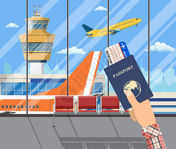 持有护照和登机证的人在机场内等待飞机控制塔背景城市景色图片