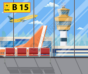 有座位飞机控制塔景观的机场航站楼在背景中旅行度假商务旅行的概念平面设图片