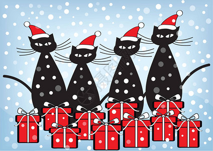 以黑猫用圣塔帽和圣诞礼物绘制的冬季图片