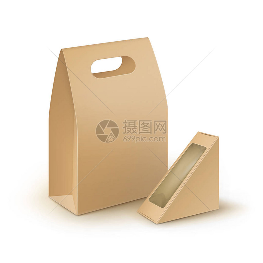 向量集的棕色空白纸板矩形三角形带走手柄午餐盒包装三明治礼品其他产品与塑料窗口模拟关闭隔图片