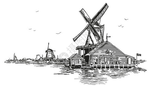 专注于前景在阿姆斯特丹的矢量llustration水车插画