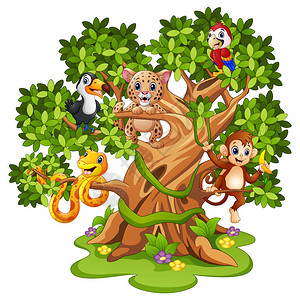 金刚萨埵树上野生动物卡通的矢量图解插画