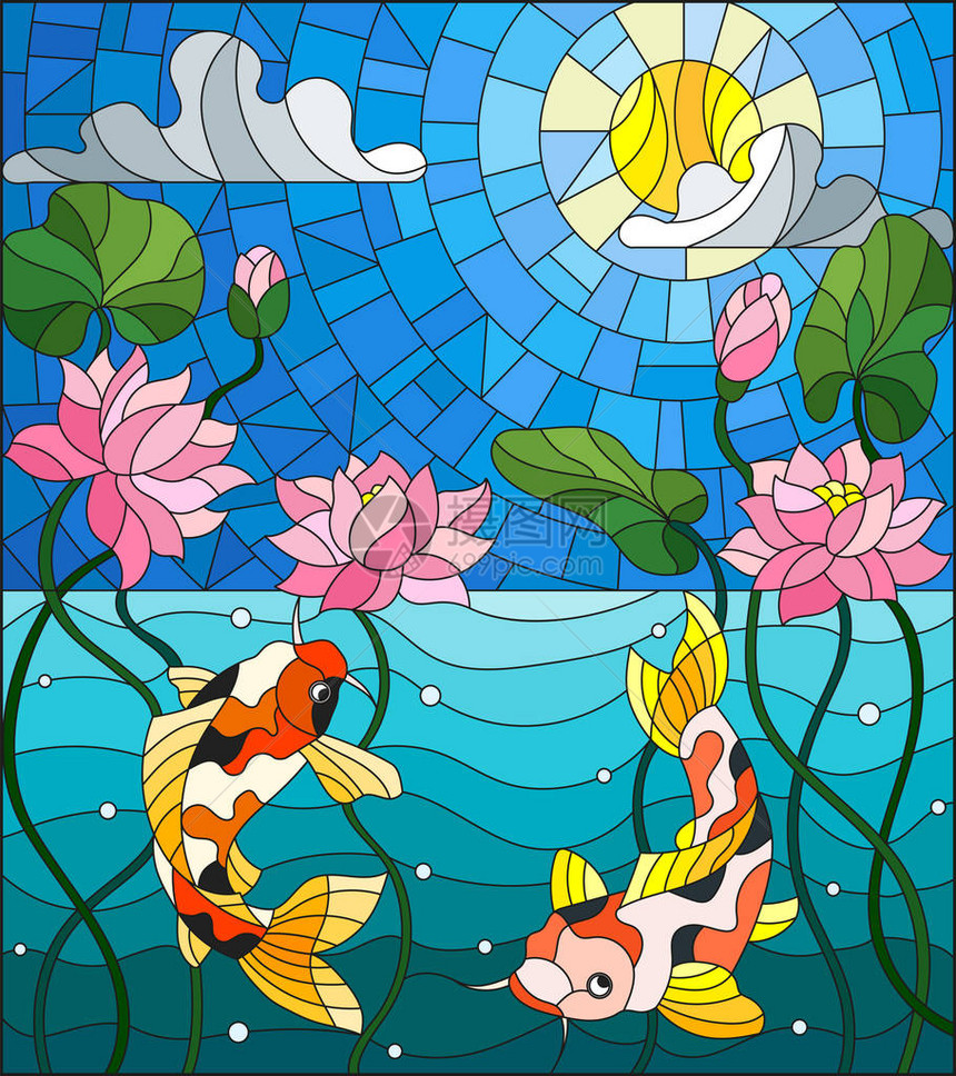 说明在太阳天空和水的背景上用科伊鱼和莲花的彩色图片