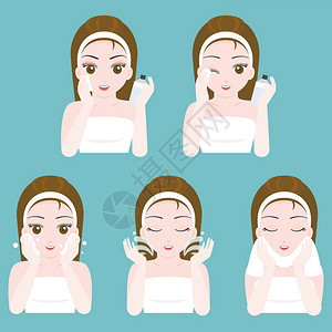 可爱的漂亮女孩用于洗脸和清洁面部产品皮肤病学和水疗产品的平面图片
