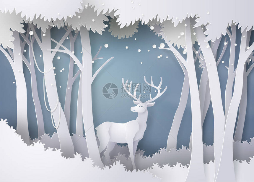 森林里的鹿有雪矢量图片