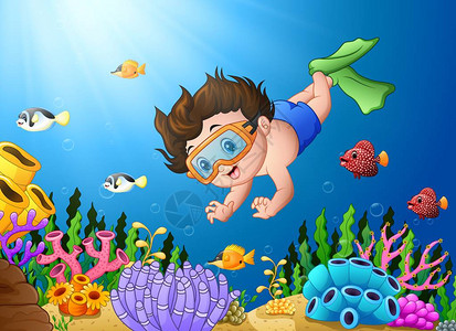 在海中潜水的卡通男孩高清图片