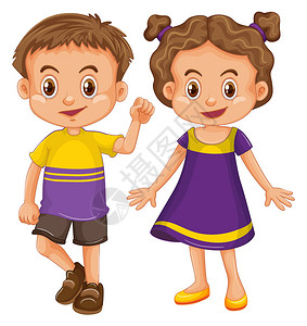 笔势可爱的男孩和女孩在黄色和紫色服装插画