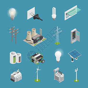 电源电量不足电力电源图标等距集合插画