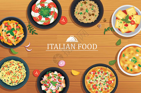 意大利食品在木桌背景上矢量图片