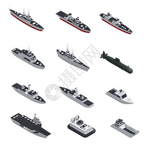 特派团军事船只等距图标集插画