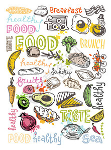 玉米面手绘涂鸦食物插图早餐套餐菜顶视图插画
