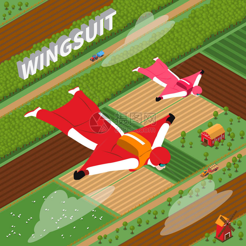 红色机翼西装的天空飞过田地和夏季绿草场图片