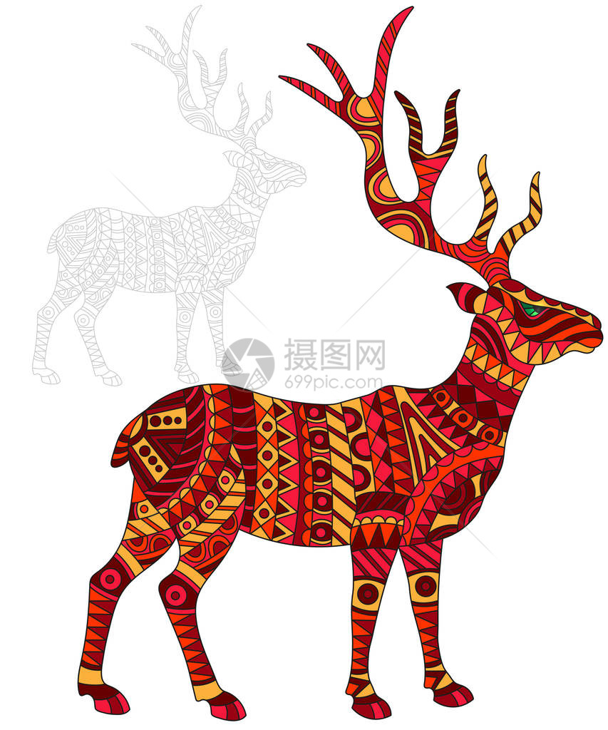 插图的抽象红鹿鹿和画在白色的背景下其轮廓隔离图片
