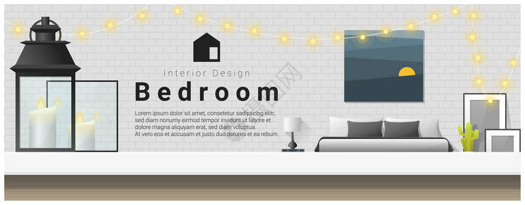 室内设计与表顶部和现代卧室背景矢量插图图片