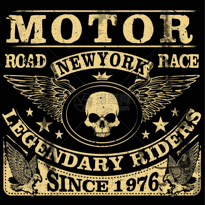 老式的摩托车手工绘制的grunge复古插画图片