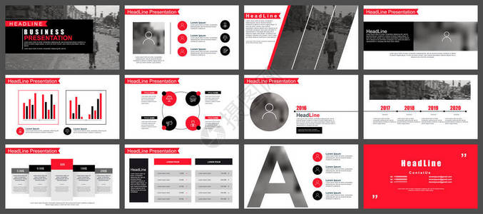 红色和灰色的商业演示幻灯片模板来自信息图表元素可用于演示传单和传单小册子营销广告年度报告背景图片