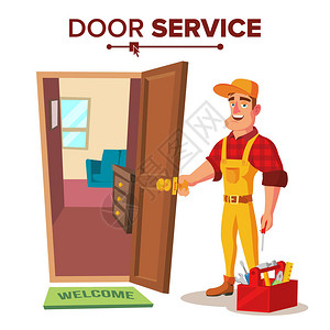 锁匠修理工向量解锁门服务卡通人物插图图片