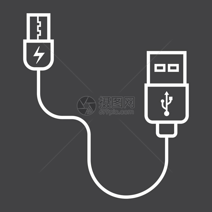 USB电缆线图标连接器和充电器矢量图形黑色上的线图案e图片