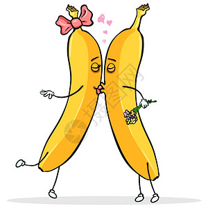 颜文字亲亲矢量卡通黄色爱好者正在接吻雄有花雌有粉红色的蝴蝶结恋爱中的香蕉插画