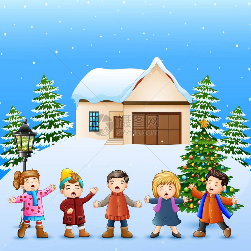 雪村欢乐儿童歌唱的矢量插图图片