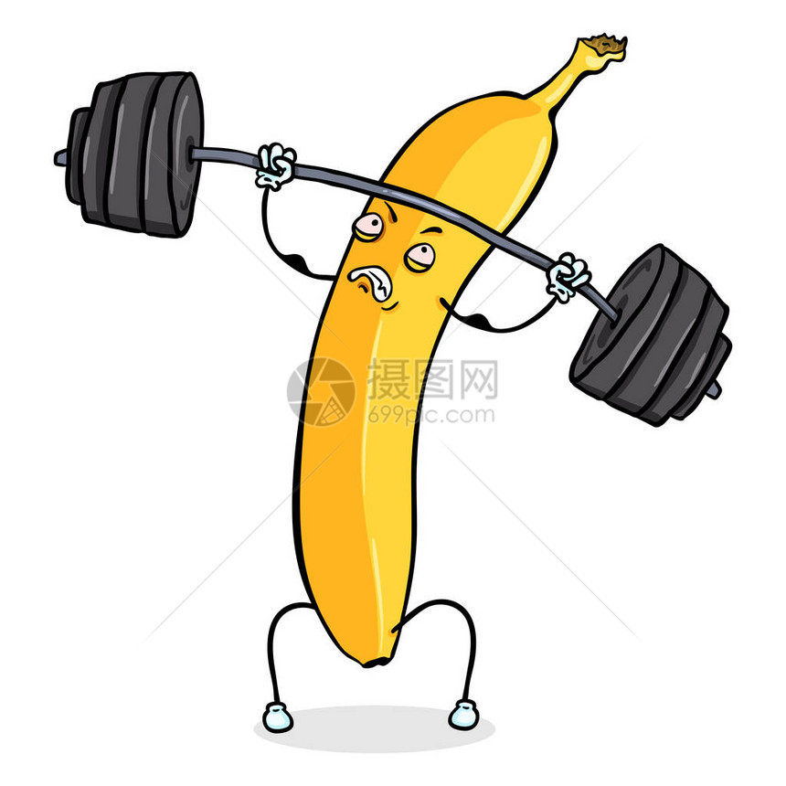矢量卡通字符黄香蕉抬起重量b图片