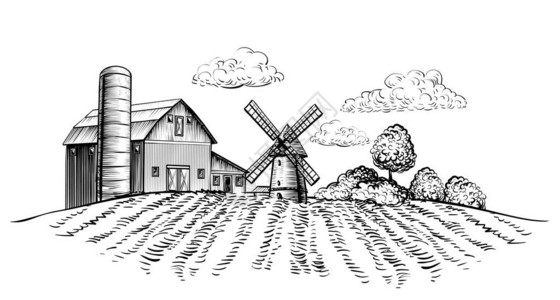 丽水古堰画乡农田上的农场谷仓和风车在农村景观手绘素描风格水平插图黑白乡插画