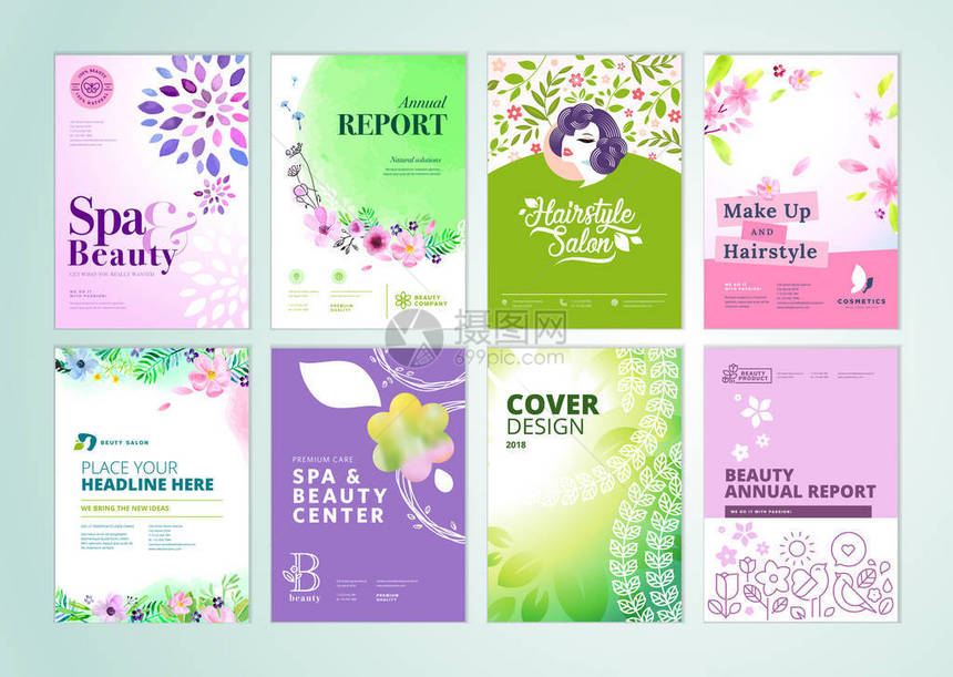 A4大小的美容手册年度报告传单设计模板集用于美容水疗和健康演示文档封面和布局模板设图片