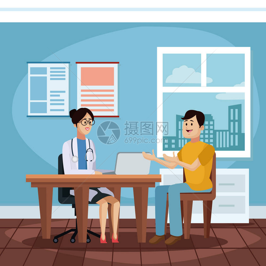 医生办公室病人卡通漫画图标矢量插图表设计健康与图片