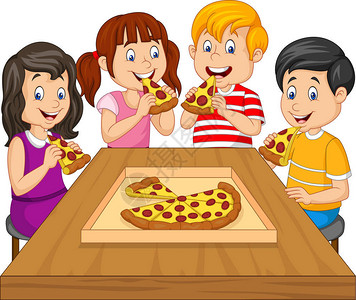 卡通小孩一起吃披萨图片