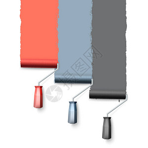 油漆辊刷彩色油漆时用滚筒绘画三个滚筒一个人粉刷墙在白色背景上隔离的矢量插图背景图片